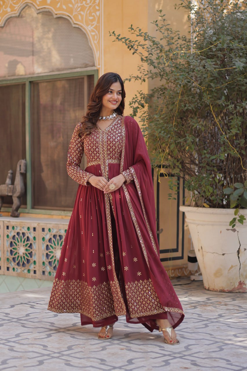 Graceful Elegance – Embroidered Faux Georgette Suit Set - INDIAN ELEGANCE