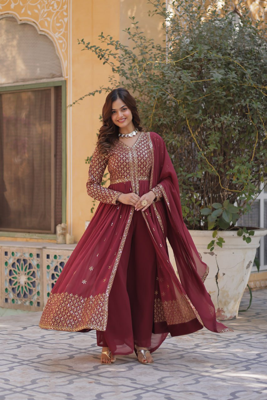 Graceful Elegance – Embroidered Faux Georgette Suit Set - INDIAN ELEGANCE