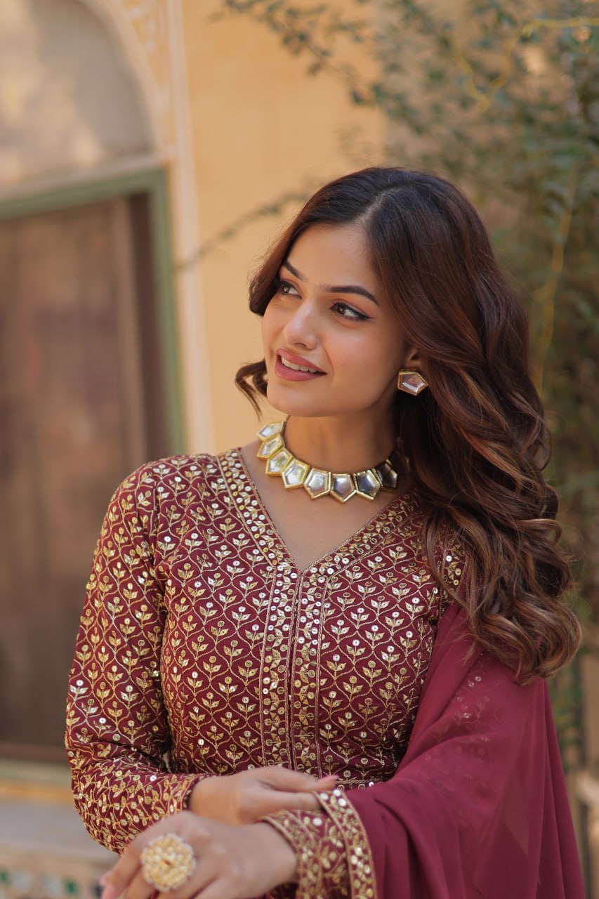 Graceful Elegance – Embroidered Faux Georgette Suit Set - INDIAN ELEGANCE
