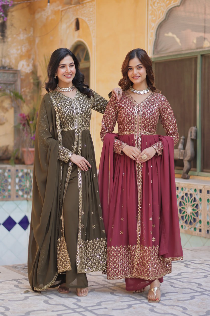 Graceful Elegance – Embroidered Faux Georgette Suit Set - INDIAN ELEGANCE