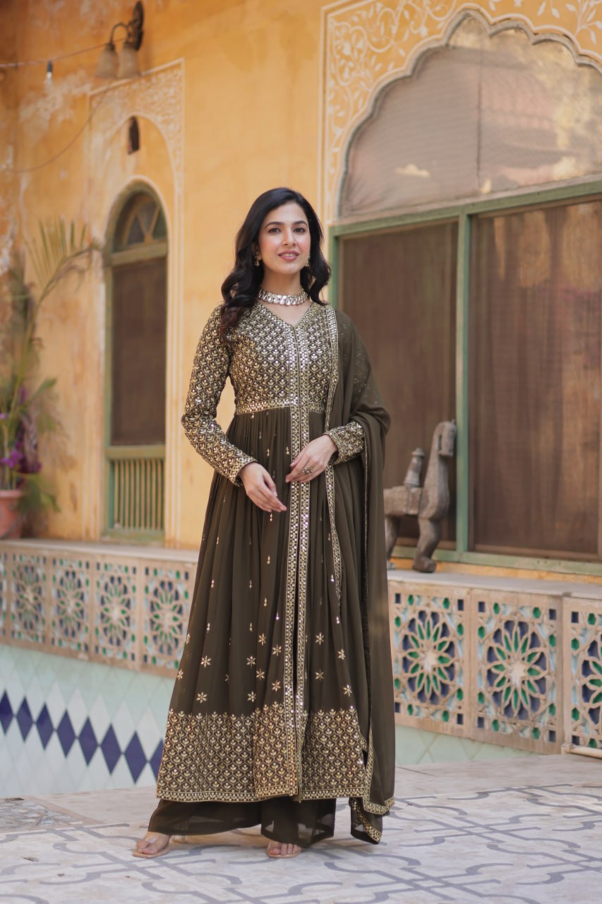 Graceful Elegance – Embroidered Faux Georgette Suit Set - INDIAN ELEGANCE