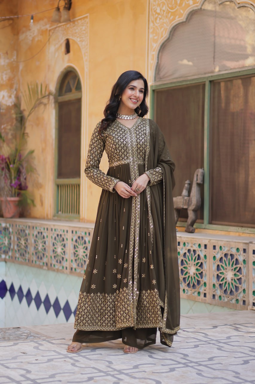 Graceful Elegance – Embroidered Faux Georgette Suit Set - INDIAN ELEGANCE