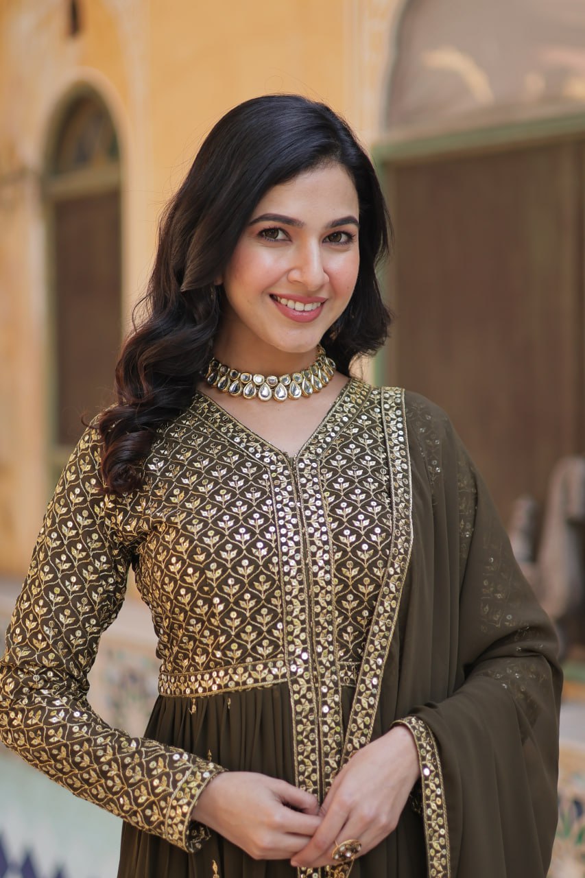 Graceful Elegance – Embroidered Faux Georgette Suit Set - INDIAN ELEGANCE