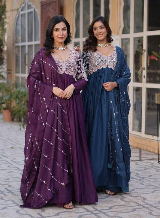 Ethereal Elegance – Embroidered Star Georgette Gown with Dupatta - INDIAN ELEGANCE