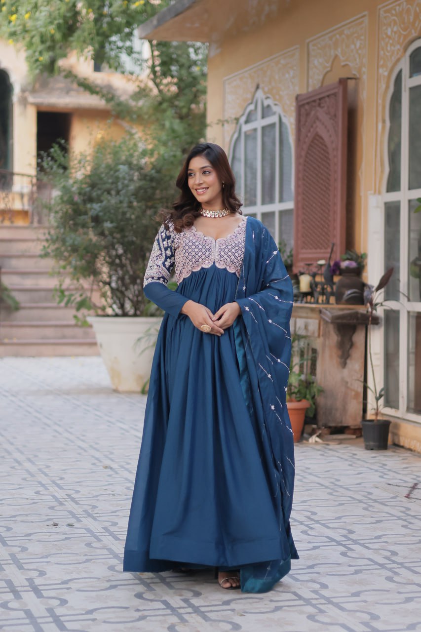 Ethereal Elegance – Embroidered Star Georgette Gown with Dupatta - INDIAN ELEGANCE