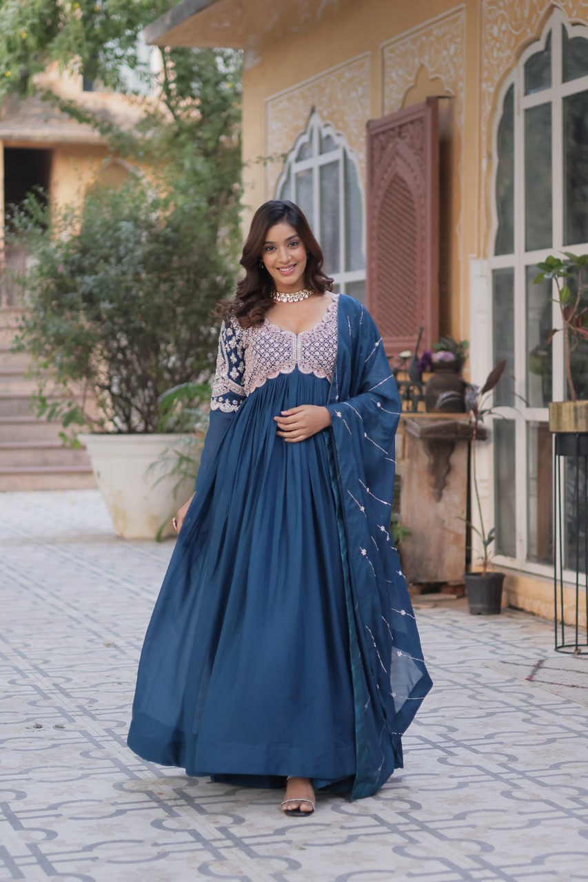 Ethereal Elegance – Embroidered Star Georgette Gown with Dupatta - INDIAN ELEGANCE