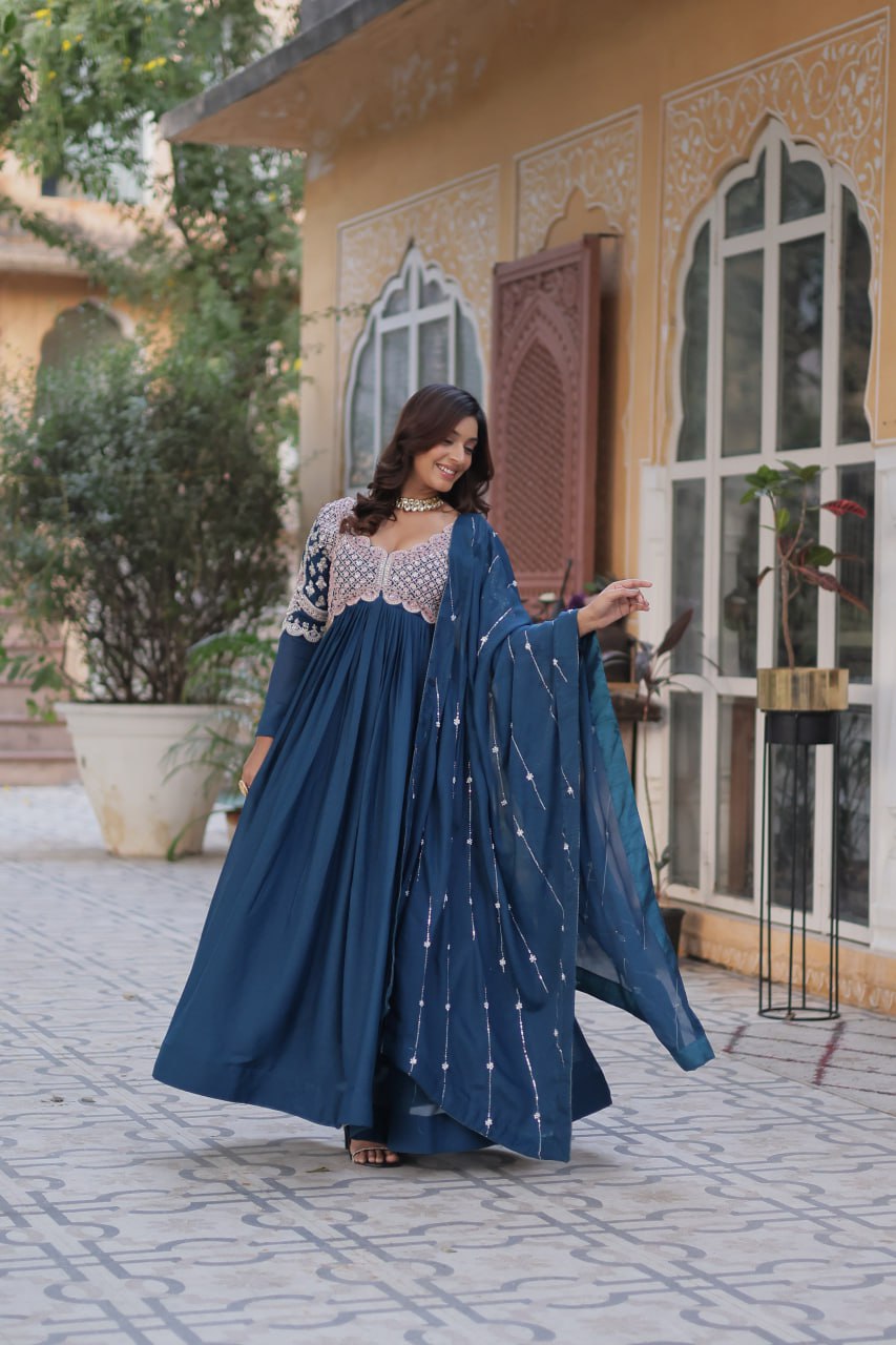 Ethereal Elegance – Embroidered Star Georgette Gown with Dupatta - INDIAN ELEGANCE