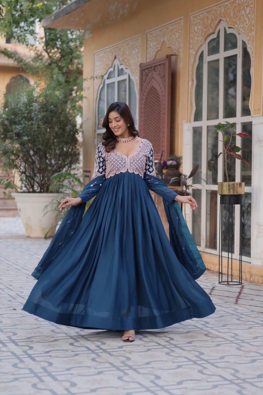 Ethereal Elegance – Embroidered Star Georgette Gown with Dupatta - INDIAN ELEGANCE