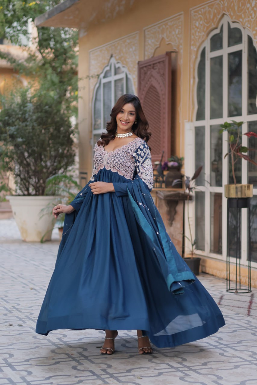 Ethereal Elegance – Embroidered Star Georgette Gown with Dupatta - INDIAN ELEGANCE