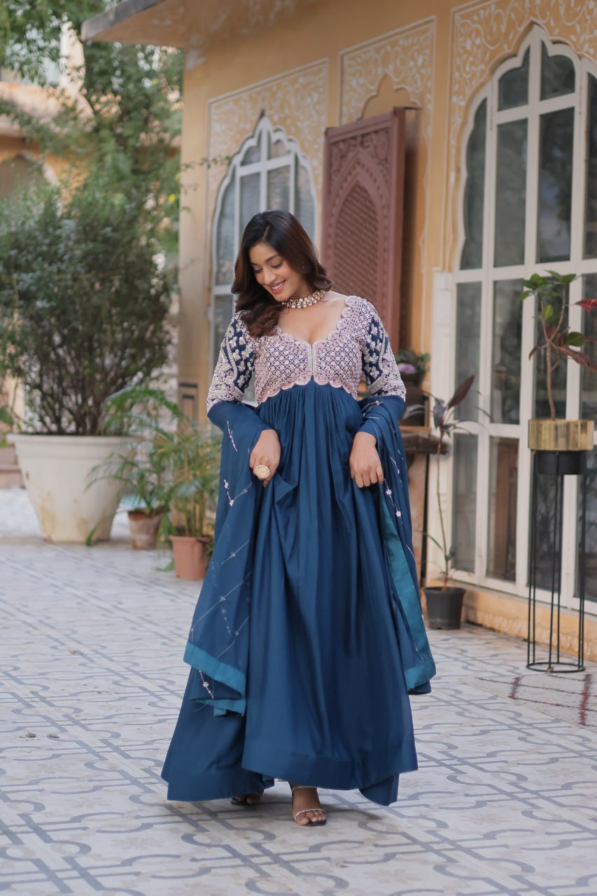 Ethereal Elegance – Embroidered Star Georgette Gown with Dupatta - INDIAN ELEGANCE