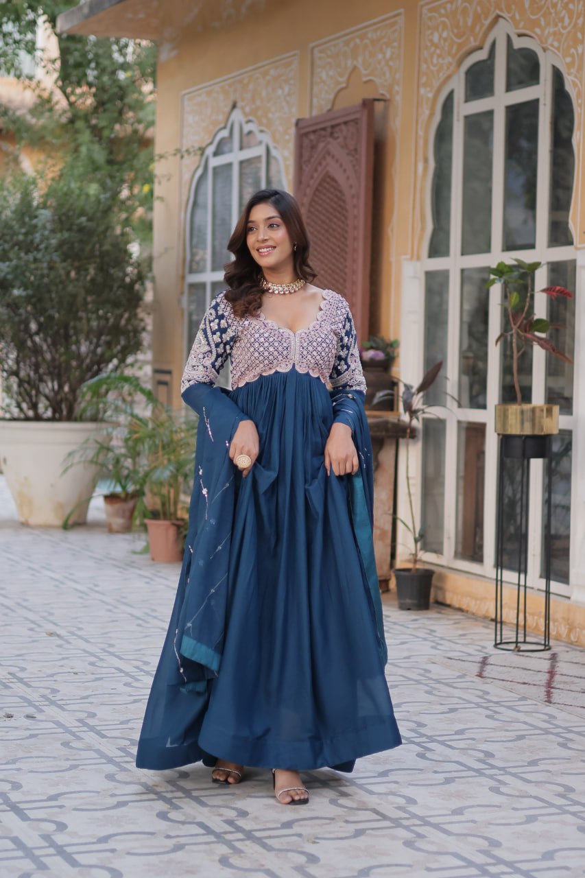 Ethereal Elegance – Embroidered Star Georgette Gown with Dupatta - INDIAN ELEGANCE