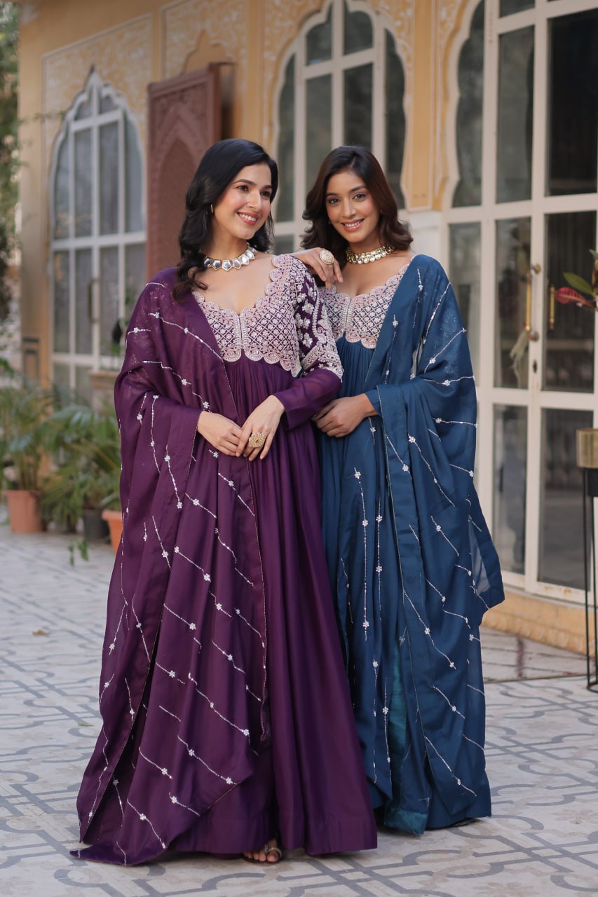 Ethereal Elegance – Embroidered Star Georgette Gown with Dupatta - INDIAN ELEGANCE