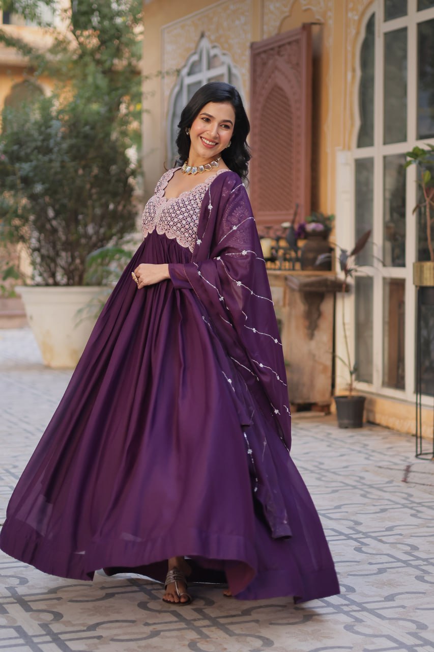 Ethereal Elegance – Embroidered Star Georgette Gown with Dupatta - INDIAN ELEGANCE