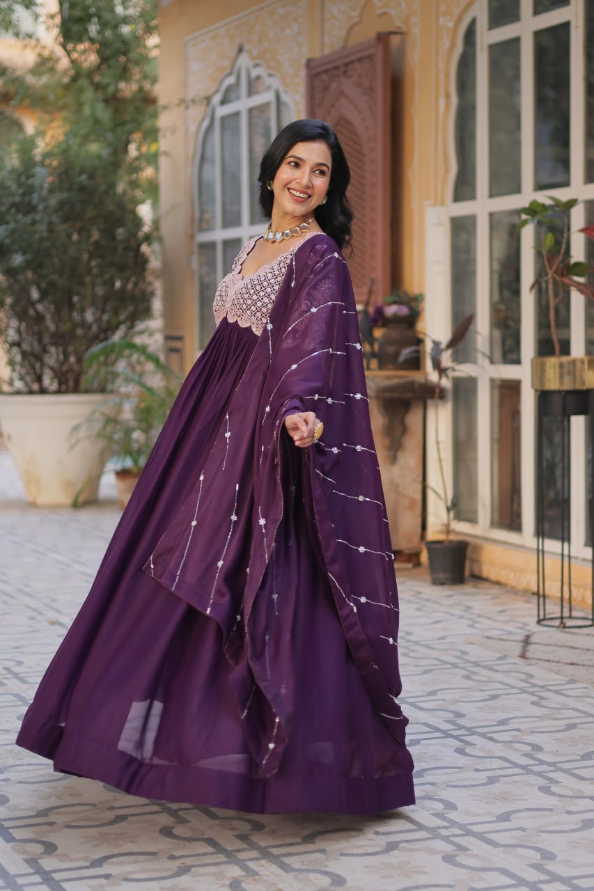 Ethereal Elegance – Embroidered Star Georgette Gown with Dupatta - INDIAN ELEGANCE