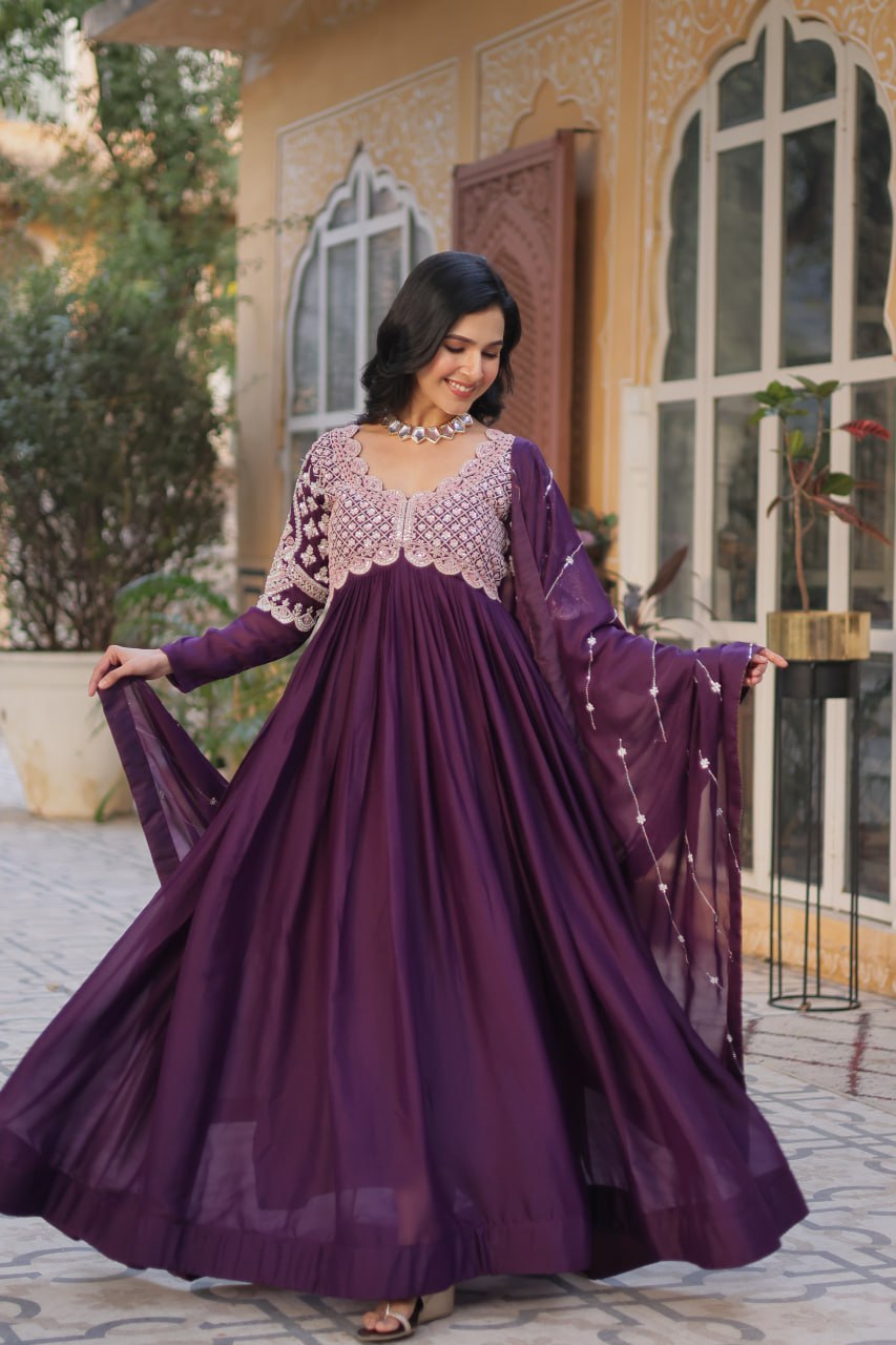 Ethereal Elegance – Embroidered Star Georgette Gown with Dupatta - INDIAN ELEGANCE