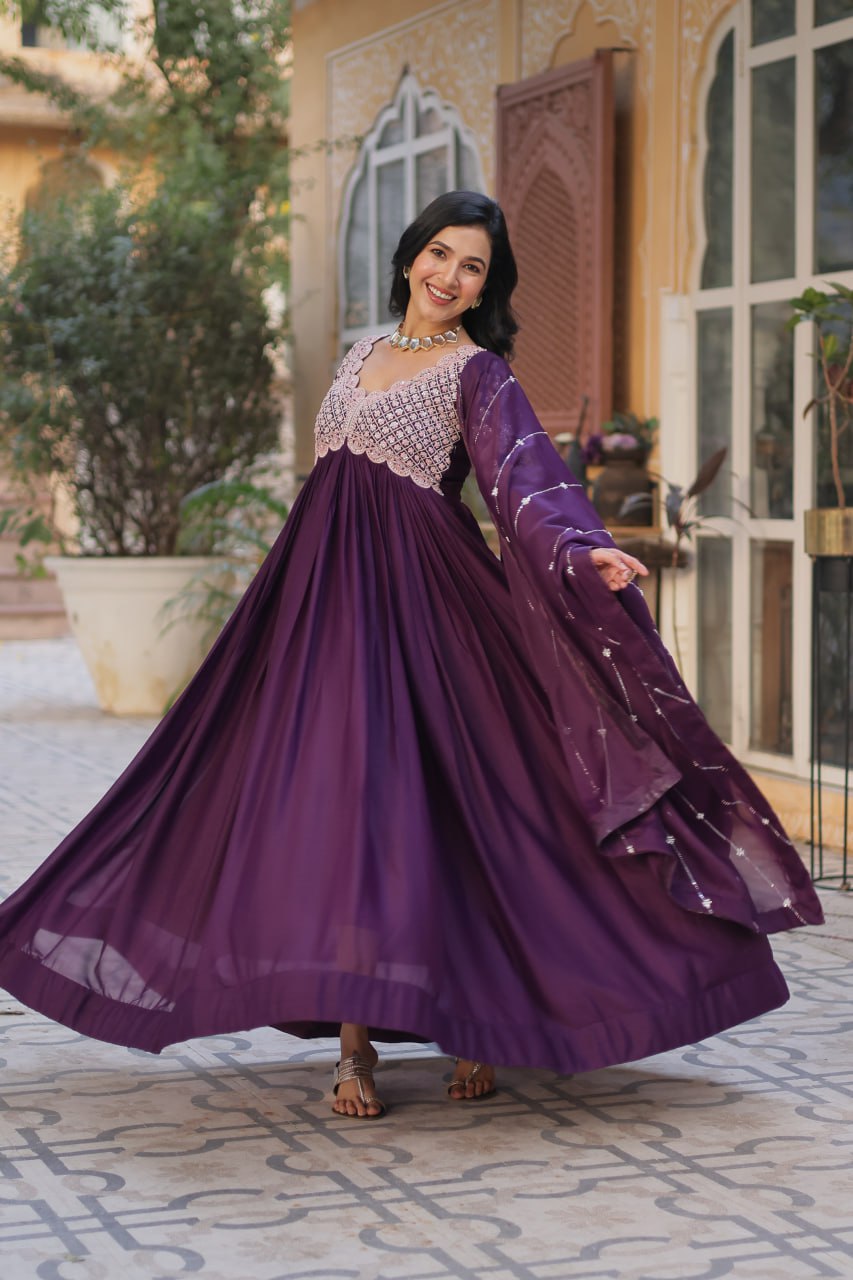 Ethereal Elegance – Embroidered Star Georgette Gown with Dupatta - INDIAN ELEGANCE