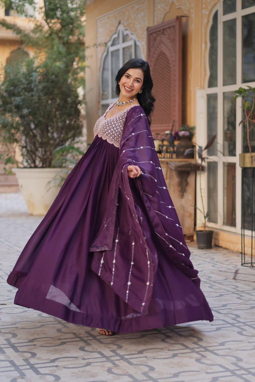 Ethereal Elegance – Embroidered Star Georgette Gown with Dupatta - INDIAN ELEGANCE