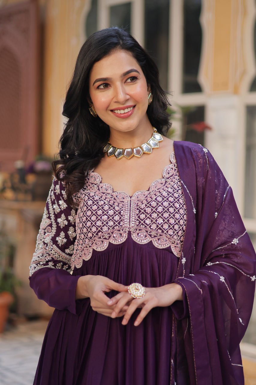 Ethereal Elegance – Embroidered Star Georgette Gown with Dupatta - INDIAN ELEGANCE