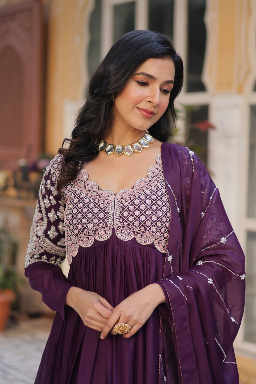 Ethereal Elegance – Embroidered Star Georgette Gown with Dupatta - INDIAN ELEGANCE