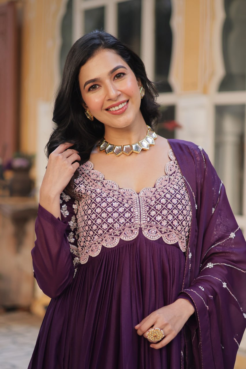 Ethereal Elegance – Embroidered Star Georgette Gown with Dupatta - INDIAN ELEGANCE