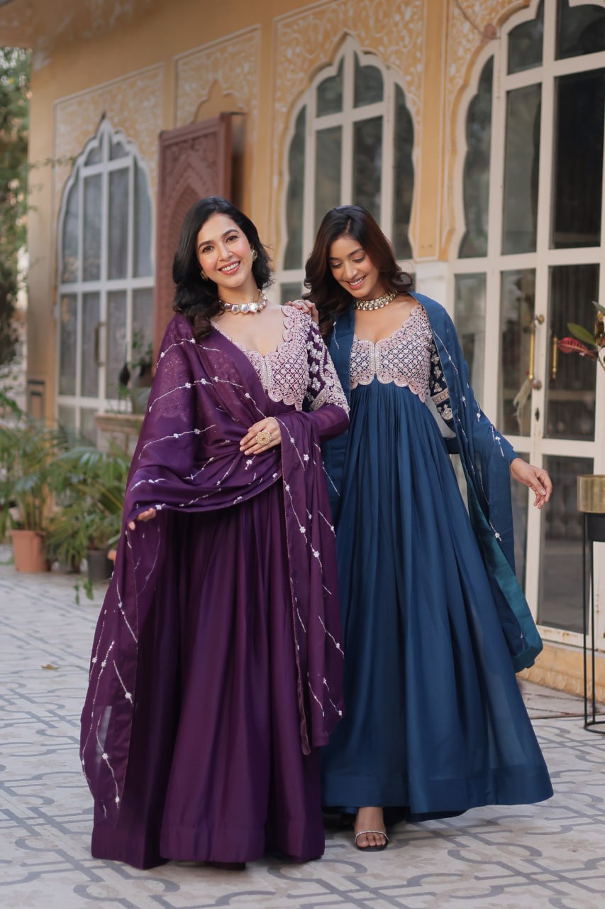 Ethereal Elegance – Embroidered Star Georgette Gown with Dupatta - INDIAN ELEGANCE