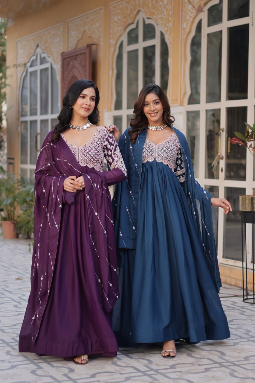 Ethereal Elegance – Embroidered Star Georgette Gown with Dupatta - INDIAN ELEGANCE