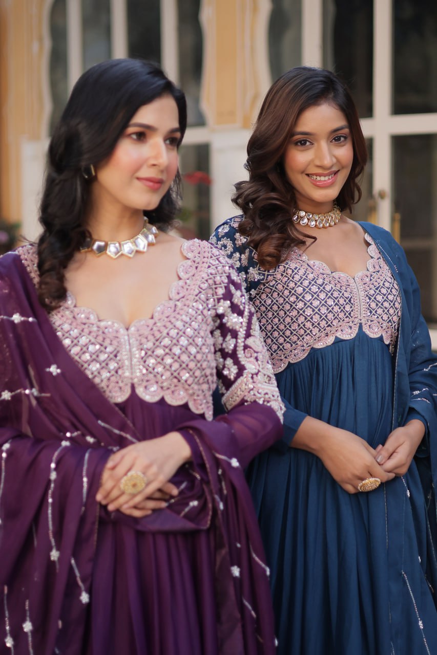 Ethereal Elegance – Embroidered Star Georgette Gown with Dupatta - INDIAN ELEGANCE