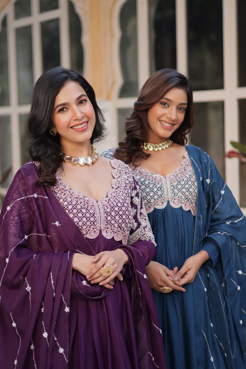 Ethereal Elegance – Embroidered Star Georgette Gown with Dupatta - INDIAN ELEGANCE