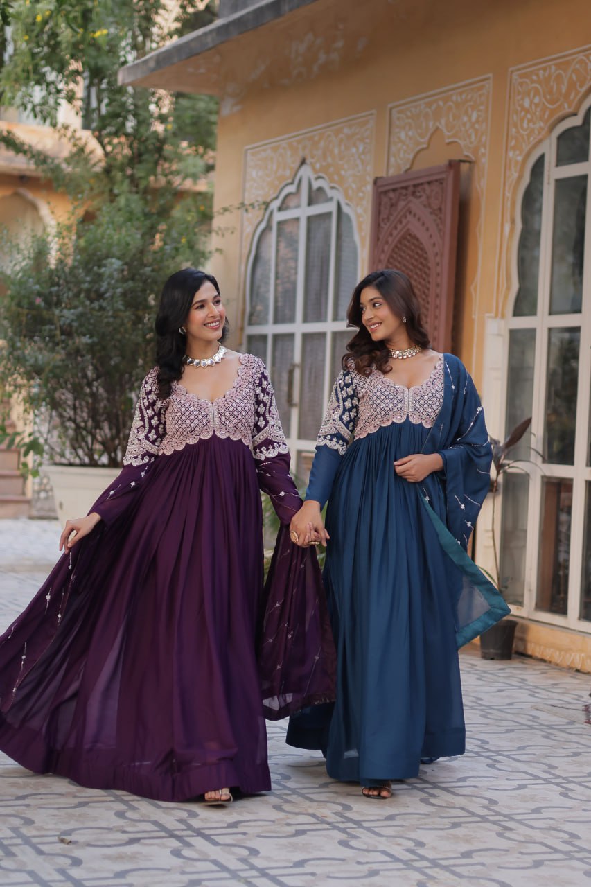 Ethereal Elegance – Embroidered Star Georgette Gown with Dupatta - INDIAN ELEGANCE