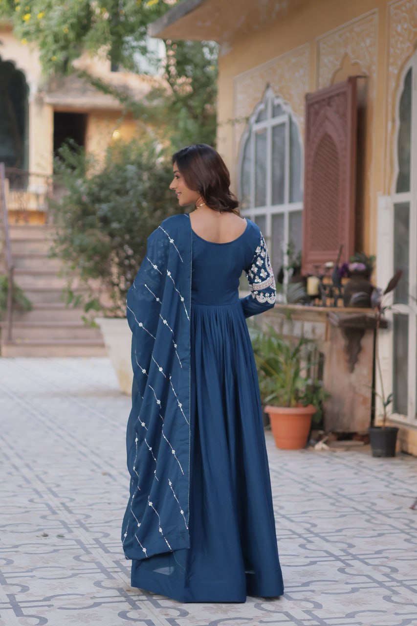Ethereal Elegance – Embroidered Star Georgette Gown with Dupatta - INDIAN ELEGANCE