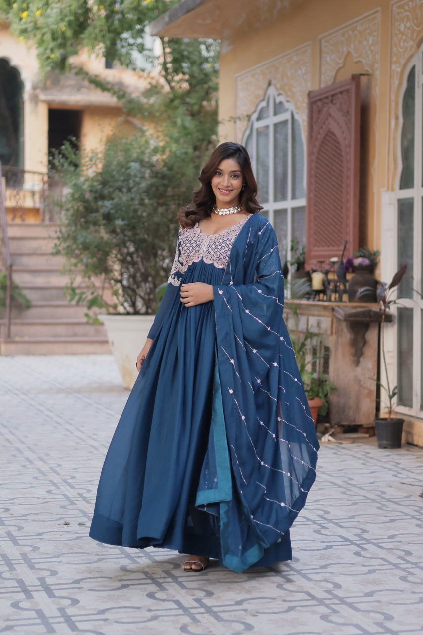 Ethereal Elegance – Embroidered Star Georgette Gown with Dupatta - INDIAN ELEGANCE