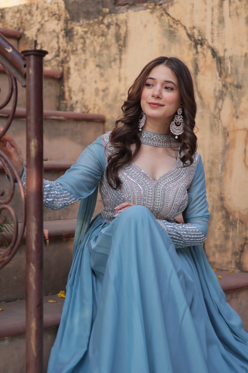 Exquisite Georgette Embroidered Beads Sequins Worked Gown With Dupatta - INDIAN ELEGANCE