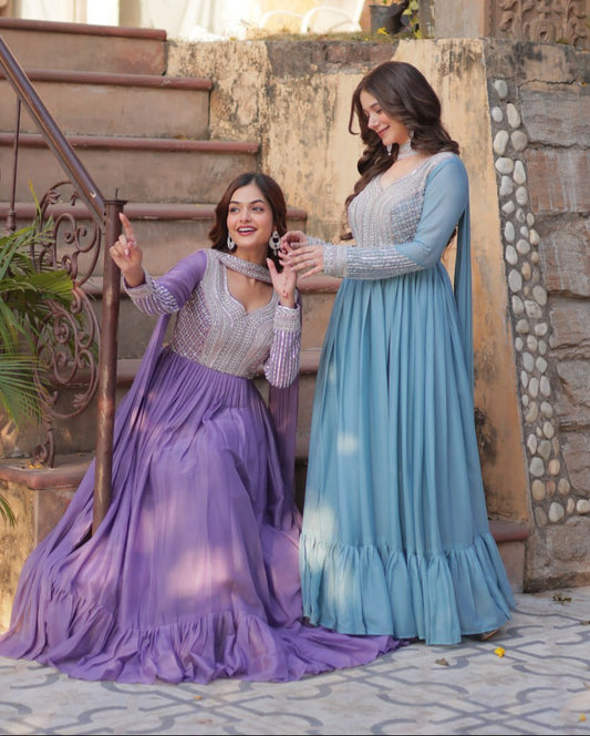 Exquisite Georgette Embroidered Beads Sequins Worked Gown With Dupatta - INDIAN ELEGANCE