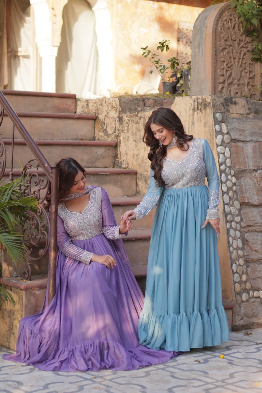 Exquisite Georgette Embroidered Beads Sequins Worked Gown With Dupatta - INDIAN ELEGANCE