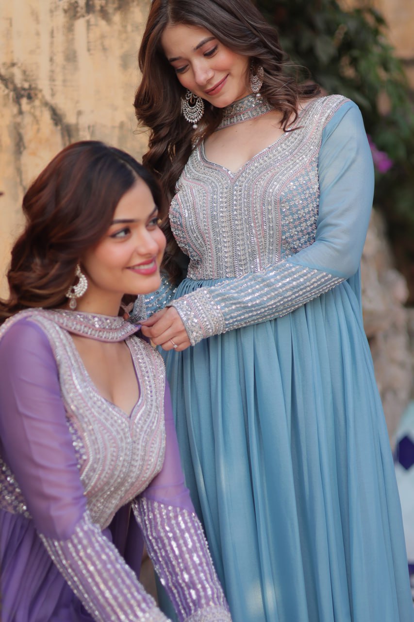 Exquisite Georgette Embroidered Beads Sequins Worked Gown With Dupatta - INDIAN ELEGANCE
