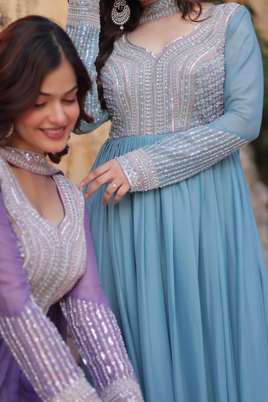 Exquisite Georgette Embroidered Beads Sequins Worked Gown With Dupatta - INDIAN ELEGANCE