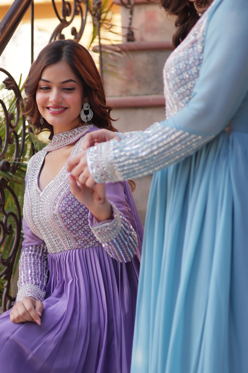 Exquisite Georgette Embroidered Beads Sequins Worked Gown With Dupatta - INDIAN ELEGANCE