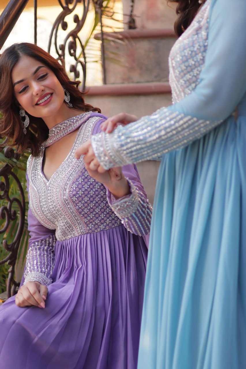 Exquisite Georgette Embroidered Beads Sequins Worked Gown With Dupatta - INDIAN ELEGANCE