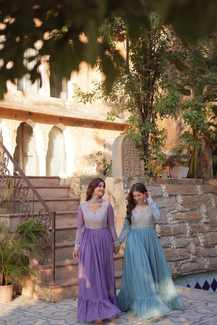 Exquisite Georgette Embroidered Beads Sequins Worked Gown With Dupatta - INDIAN ELEGANCE
