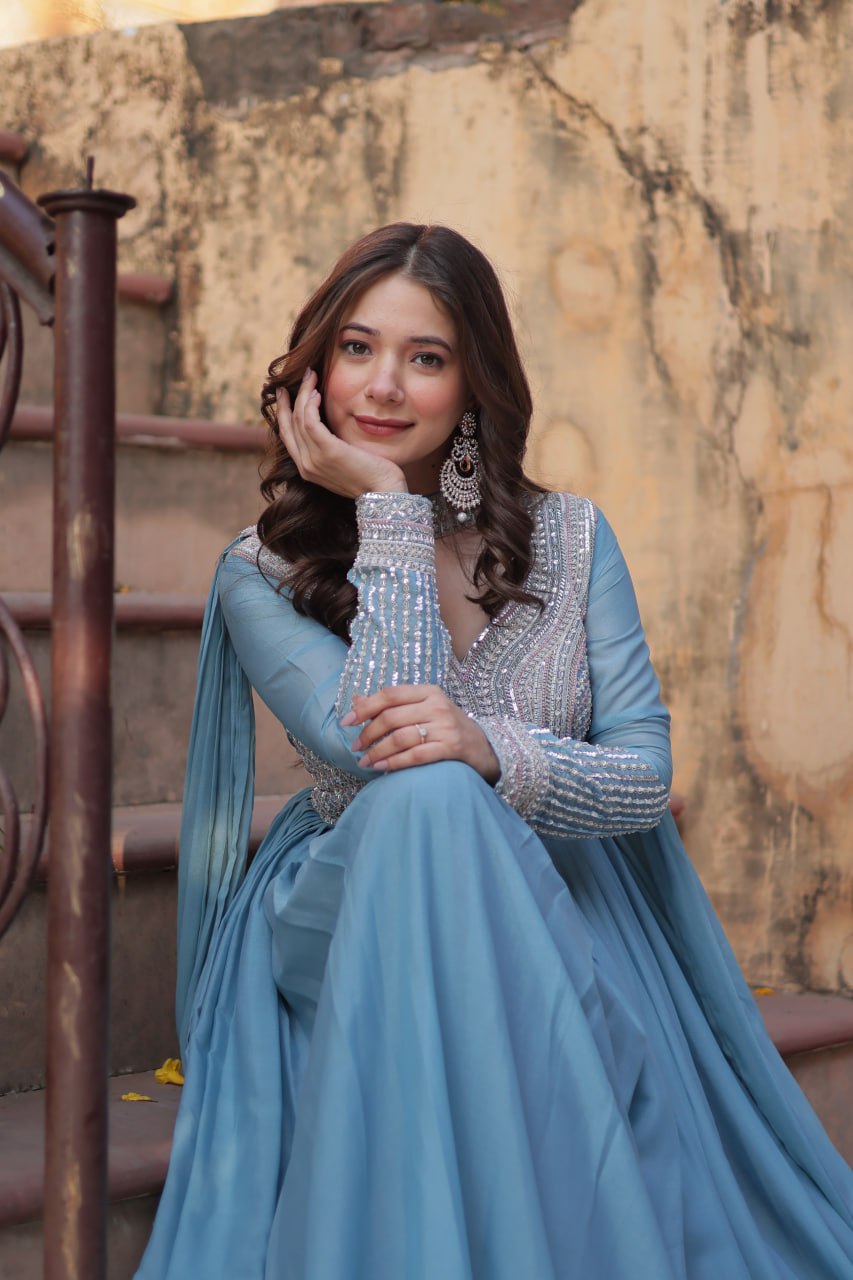 Exquisite Georgette Embroidered Beads Sequins Worked Gown With Dupatta - INDIAN ELEGANCE