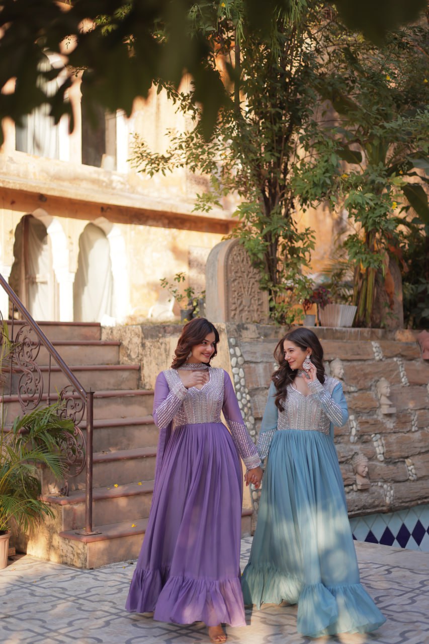 Exquisite Georgette Embroidered Beads Sequins Worked Gown With Dupatta - INDIAN ELEGANCE