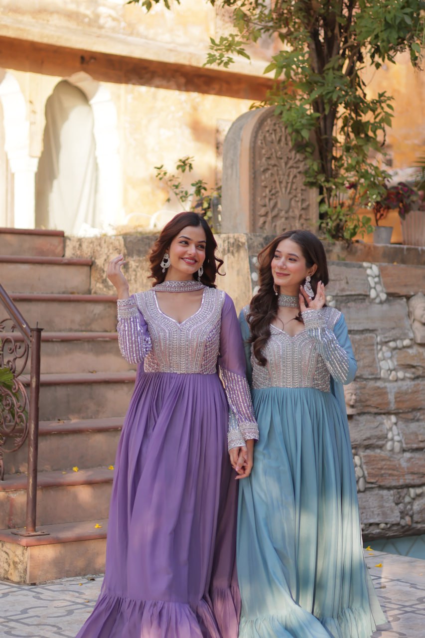 Exquisite Georgette Embroidered Beads Sequins Worked Gown With Dupatta - INDIAN ELEGANCE