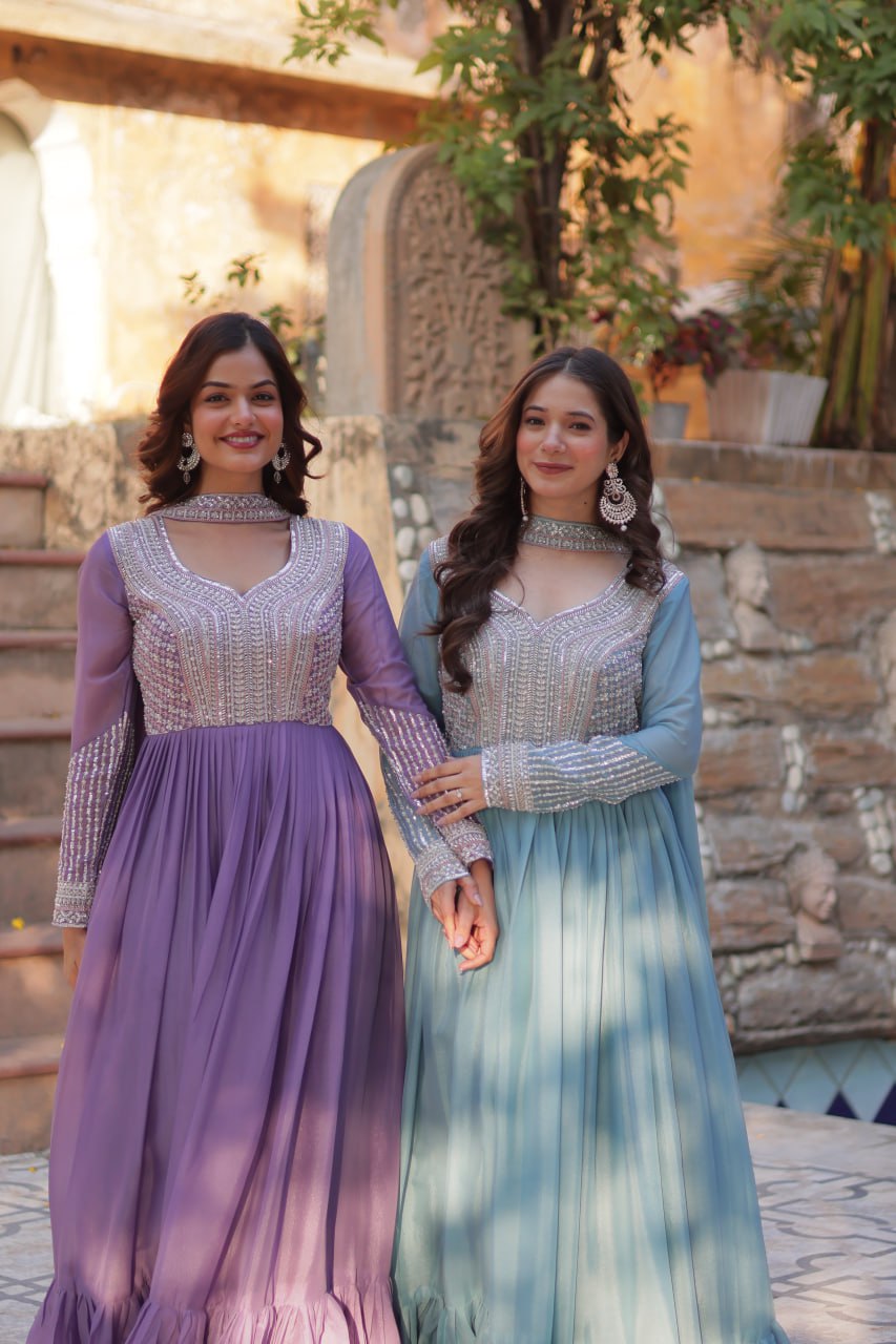 Exquisite Georgette Embroidered Beads Sequins Worked Gown With Dupatta - INDIAN ELEGANCE