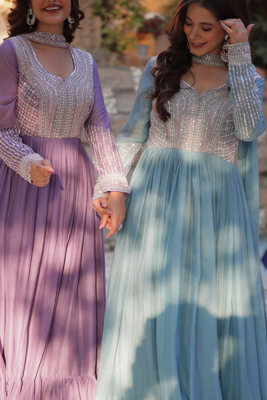 Exquisite Georgette Embroidered Beads Sequins Worked Gown With Dupatta - INDIAN ELEGANCE