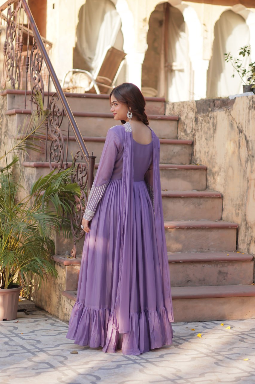 Exquisite Georgette Embroidered Beads Sequins Worked Gown With Dupatta - INDIAN ELEGANCE
