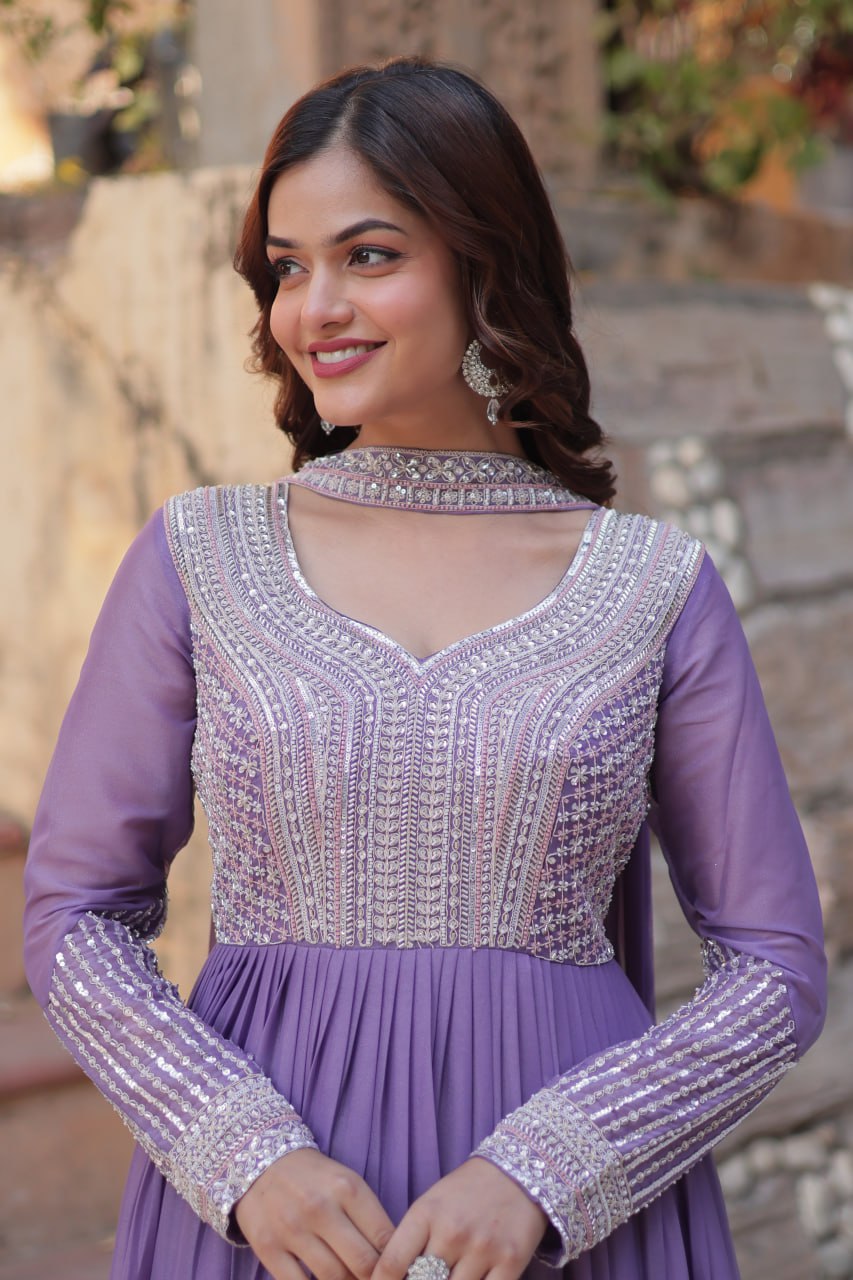 Exquisite Georgette Embroidered Beads Sequins Worked Gown With Dupatta - INDIAN ELEGANCE