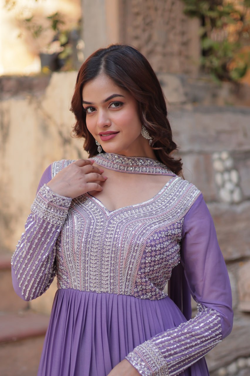 Exquisite Georgette Embroidered Beads Sequins Worked Gown With Dupatta - INDIAN ELEGANCE