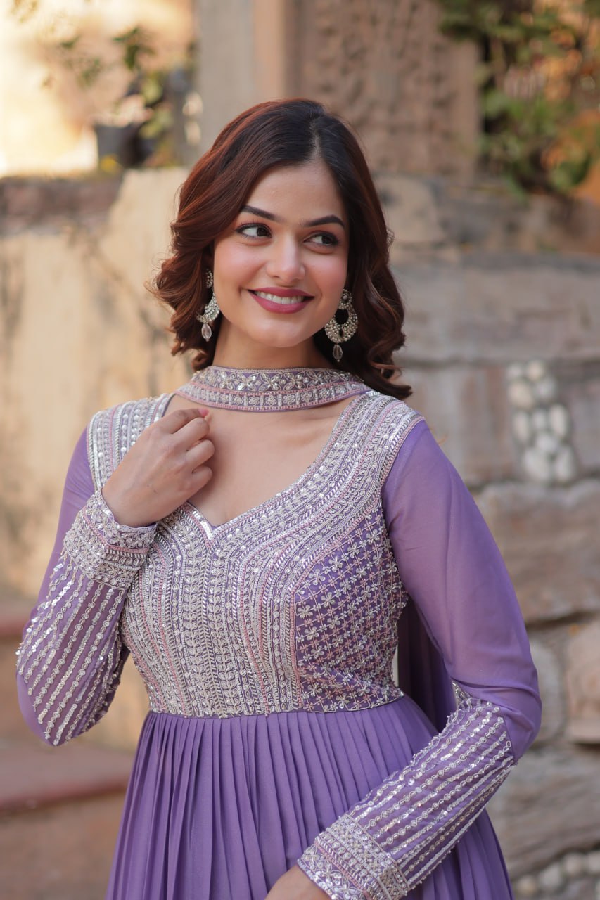 Exquisite Georgette Embroidered Beads Sequins Worked Gown With Dupatta - INDIAN ELEGANCE