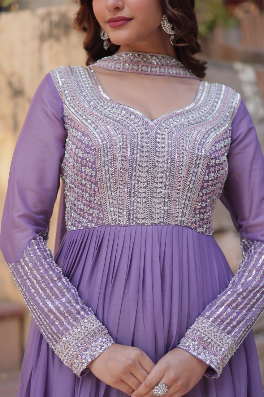 Exquisite Georgette Embroidered Beads Sequins Worked Gown With Dupatta - INDIAN ELEGANCE