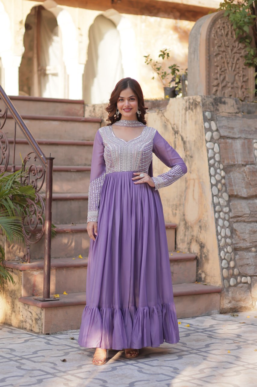 Exquisite Georgette Embroidered Beads Sequins Worked Gown With Dupatta - INDIAN ELEGANCE